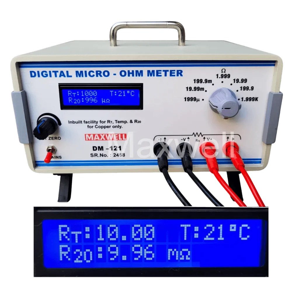 Micro ohm meter with automatic temperature compensation. Calculates Resistance at 20 degree Celsius automatically.