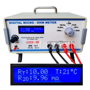 Micro ohm meter with automatic temperature compensation. Calculates Resistance at 20 degree Celsius automatically. Primarily used in cable and transformer testing.