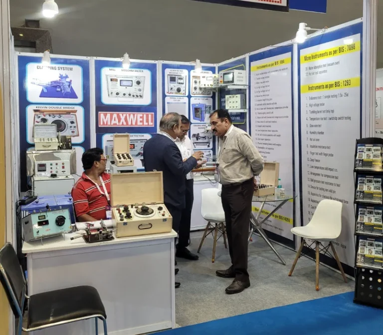 Maxwell India participation in Wire & Cable 2025 exhibition, Delhi. Venue : Pragati Maidan. Display of cable testing machine at the Cable & Wire Fair 2025 exhibition showing various testing instruments